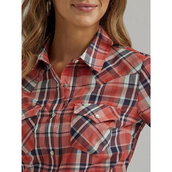 Women's Wrangler 112344676 Essential Western Red Orange Plaid Long Sleeve Shirt - Picture 7 of 9